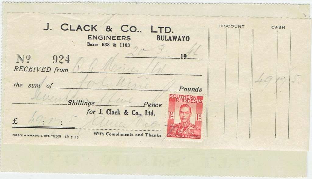 Southern Rhodesia 1946 KGVI 1d x2 on QQ Mines cheques and receipt very fine