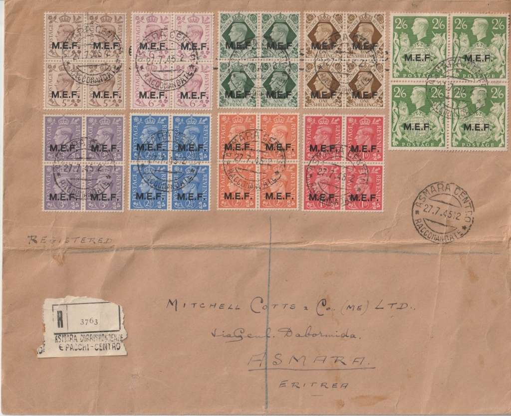 British Post Occ of Italian Colonies 1945 registered Asmara with KGVI MEF blocks of 4