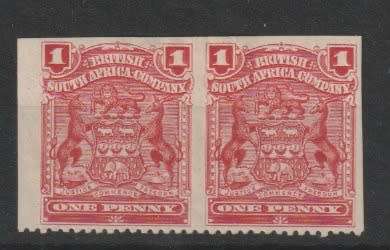 Rhodesia BSAC 1898 Arms 1d red imperforate vertically and imperforate margins pair fine mint