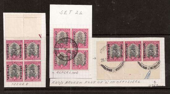 SA Officials 1930-47 1d specilaised used lot with plate flaws