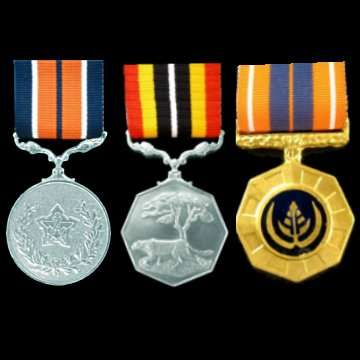 3 Full Size Medals with Ribbons - Numbered - The S.A. Medal has a Double Cast Suspender.