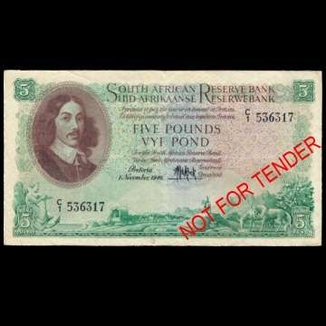 S.A. Reserve Bank - Five Pounds Note - 1 November 1948.