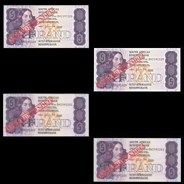 Four Uncirculated S.A. Five Rand Notes with Consecutive Numbers.
