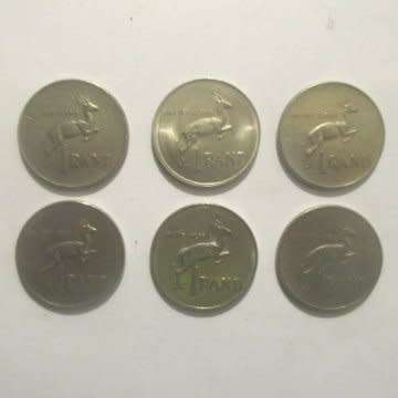 Six South Africa One Rand Coins Dated 1983, 1990, 1980, 1980, 1977, 1977.