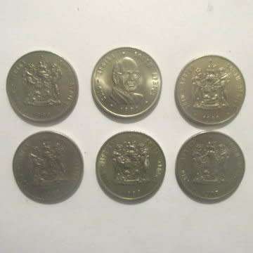 Six South Africa One Rand Coins Dated 1983, 1990, 1980, 1980, 1977, 1977.