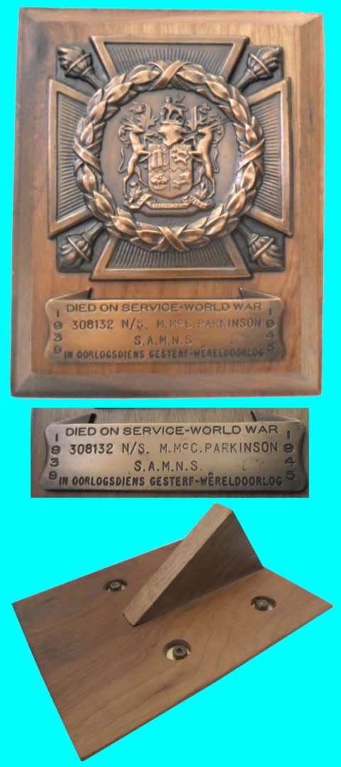 Died On Service Plaque - World War 1939 to 1945 - 308132 N/S.  M.McC. Parkinson - S.A.M.N.S.