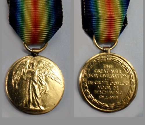 First World War Miniature Victory Medal with Ribbon - Bilingual - Very Scarce.