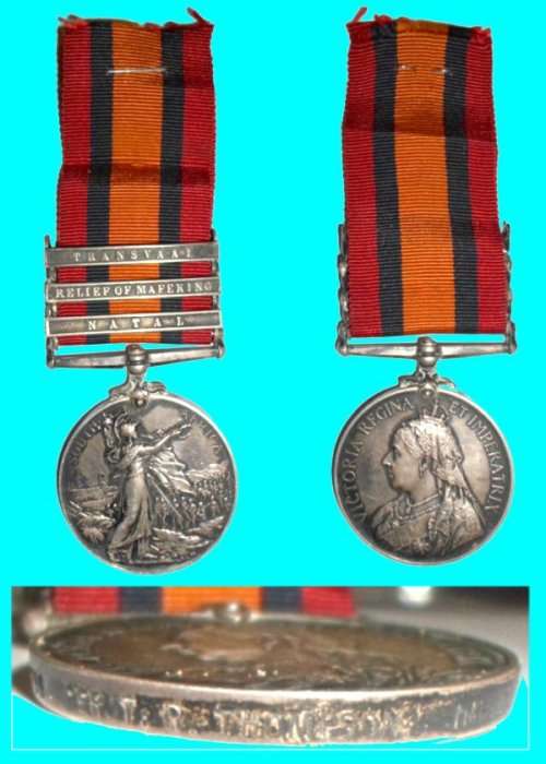 Q.S.A. Medal made out to 799 SERGT: R. THOMPSON  IMP. LT. HORSE. with 3 Ribbon Bars.