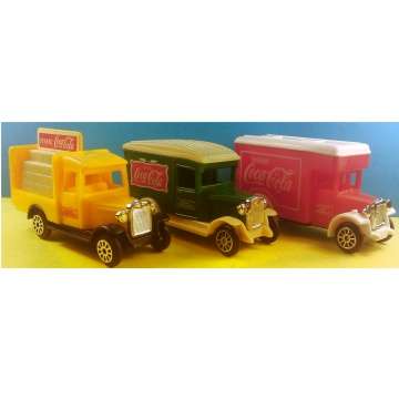 Set of three Coca Cola old fashion styled delivery trucks.