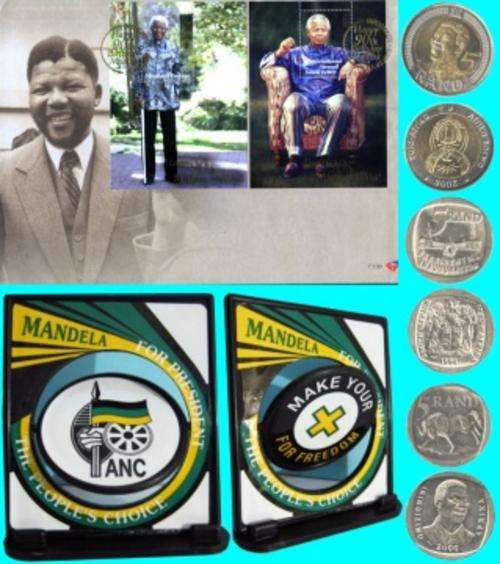 Nelson Mandela First Day Cover (FDC), 3 Coins and an  ANC Spinner.