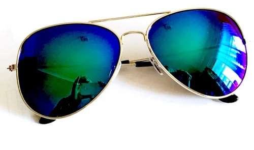 Full Blue/Green  Mirrored Aviator Sunglasses Dark Tint Lens Silver Frame