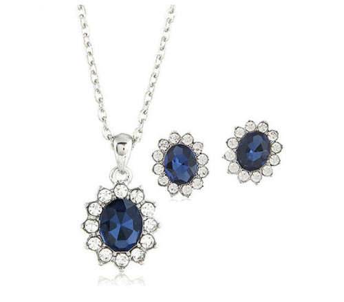 Hm. Blue Sapphire Vintage Diamante Earrings/Neck Chain Set in 18ct Platinum Rolled Gold