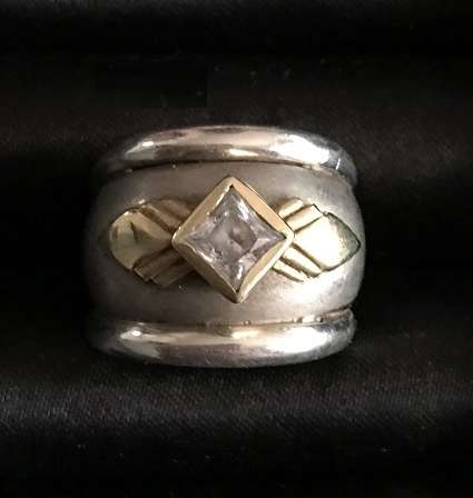 Zircon Set in Genuine 925 Sterling Silver Ring with Genuine 9ct Yellow Gold