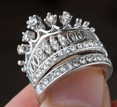 Glamorous 18ct Platinum Rolled White Gold CZ Rhinestone Crown Wedding Rings