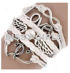 Silver White Leather Rope Heart Wing Bead Love Infinite Charm Bracelet