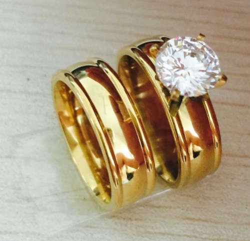 Classy Diamante Set in 18ct Yellow Gold Wedding/Engagement Couple Ring Imported Filled Jewelry