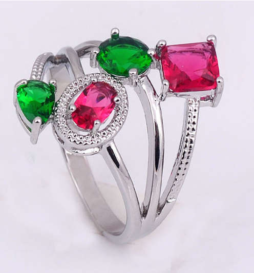 EYE CATCHING SIM RUBY & EMERALDS IN 925 STERLING SILVER RING IMPORTED FILLED JEWELRY