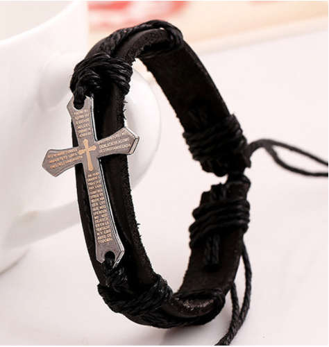 Impressive Imported Genuine Leather Unisex Stainless Steel Cross Bracelet