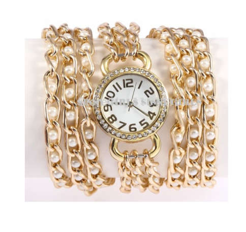 Wrap Around Sim.Pearls Set in Woman's Imported Gold Plated Watch
