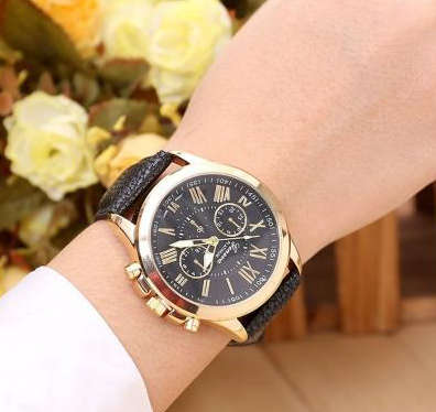 Glamorous Black Geneva Face Imported Leather Strap Watch