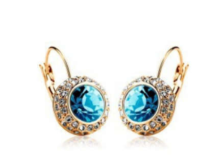 FLASHING BELLA BLUE SAPPHIRE SWAROVSKI CRYSTAL IN 18CT YELLOW GOLD FILLED EARRINGS