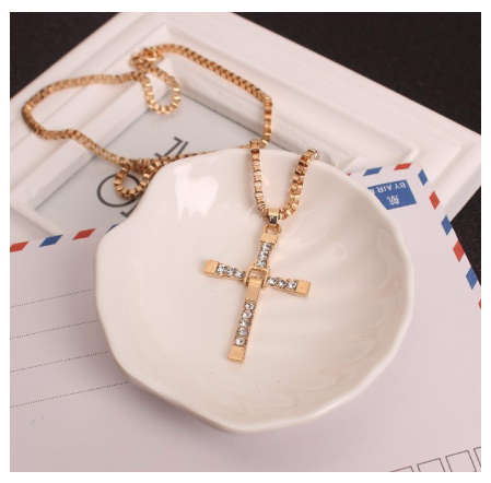 Stylish Unisex Sim Diamonds Set in Yellow Gold Filled Cross with Matching Neck Chain