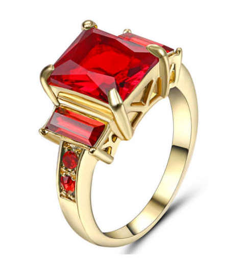 Sparkling Sim. Red Garnet Set in Yellow Gold Imported Filled Ring
