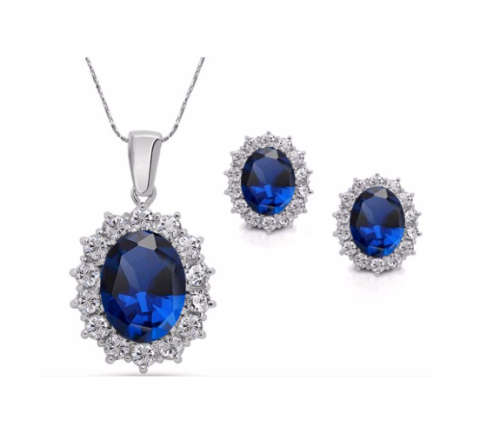 Attractive Sim Sapphire Surrounded By White Diamond Pendant with Free Matching Earrings.