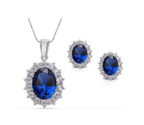 Attractive Sim Sapphire Surrounded By White Diamond Pendant with Free Matching Earrings.