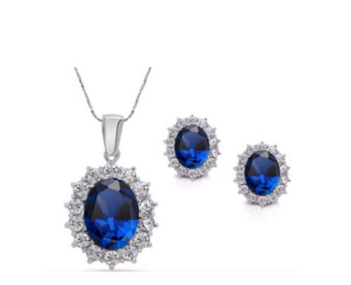 Attractive Sim Sapphire Surrounded By White Diamond Pendant with Free Matching Earrings.