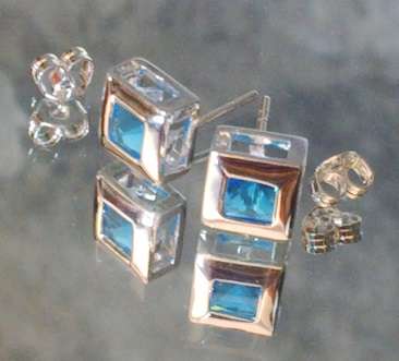 HOT SQUARE  CUT BLUE  TOPAZ SET IN .925 STERLING SILVER EARRINGS