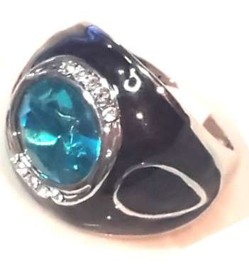Fascinating Handcrafted Blue Topaz Crystal Silver & Black Enamel  Ring #Size 9