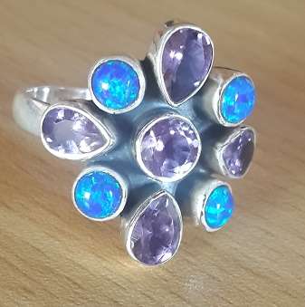-- Elegant -- Amethyst & Fire Opal Set in Solid Genuine 925 Sterling Silver Ring # Size 8