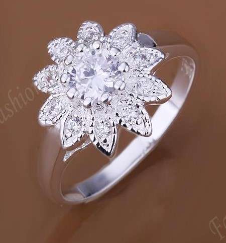 --Posh--Imported-- Petite--Diamond--Crystal--Flower-- Stylish Set in 925 Silver Ring # Size 8