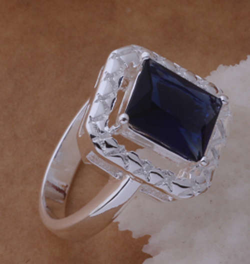 -- Size 8 -- Square Cut Blue Sapphire Set in 925 Silver Ring