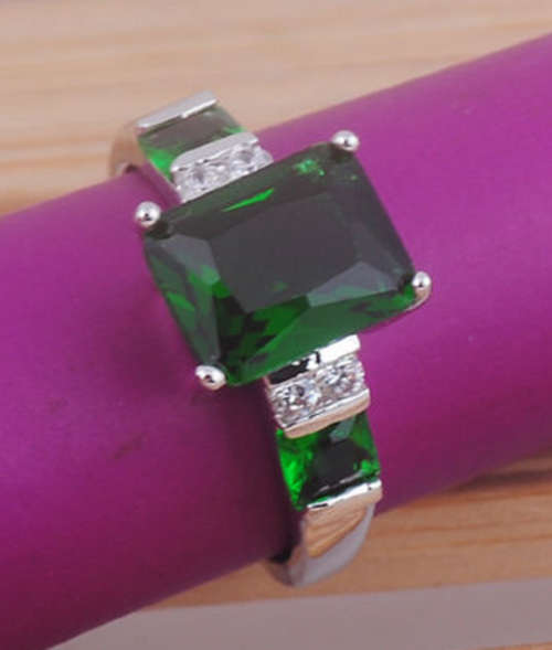 Gorgeous  Three-Stone-Square-Cut-Peridot 925 Sterling Silver Imported Filled Ring -- Size 9  --