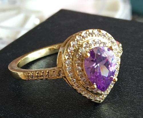 9ct Yellow Gold Rhodium Plated Simulated Diamond Amethyst Ring(Size9)