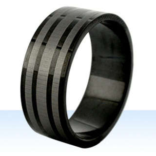 Black Stainless Steel Ring with Silver lining - Size 13