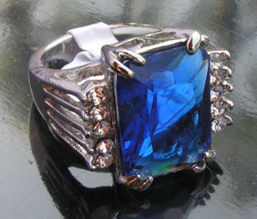 Stunning 18KGP Dress Ring with Huge Square Blue Stone.