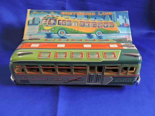 Vintage 1950`S JAPAN MARUSAN SAN GREYHOUND LINES RED RIBBON WORLD BUS TIN PLATE FRICTION TOY