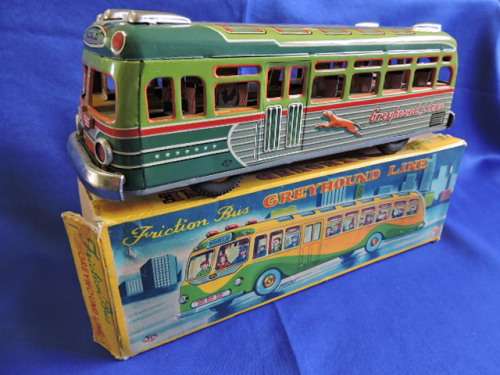 Vintage 1950`S JAPAN MARUSAN SAN GREYHOUND LINES RED RIBBON WORLD BUS TIN PLATE FRICTION TOY