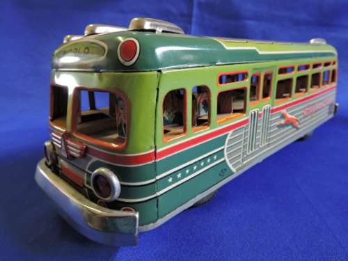 Vintage 1950`S JAPAN MARUSAN SAN GREYHOUND LINES RED RIBBON WORLD BUS TIN PLATE FRICTION TOY
