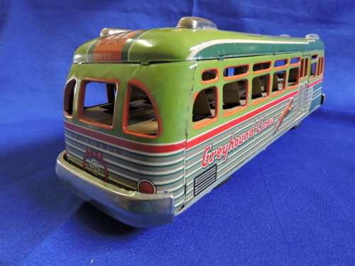 Vintage 1950`S JAPAN MARUSAN SAN GREYHOUND LINES RED RIBBON WORLD BUS TIN PLATE FRICTION TOY