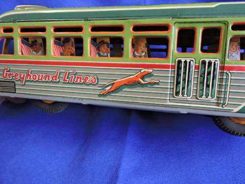Vintage 1950`S JAPAN MARUSAN SAN GREYHOUND LINES RED RIBBON WORLD BUS TIN PLATE FRICTION TOY