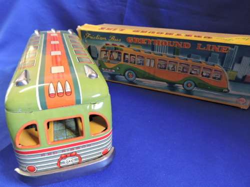 Vintage 1950`S JAPAN MARUSAN SAN GREYHOUND LINES RED RIBBON WORLD BUS TIN PLATE FRICTION TOY