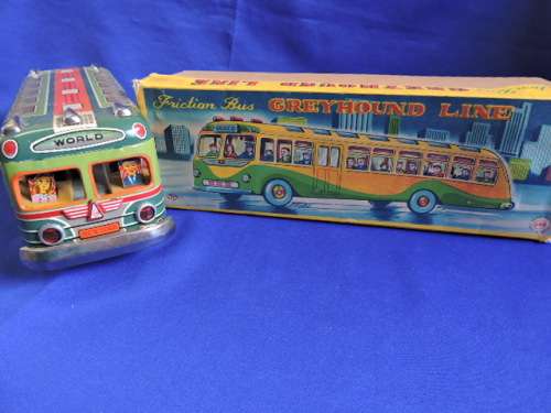 Vintage 1950`S JAPAN MARUSAN SAN GREYHOUND LINES RED RIBBON WORLD BUS TIN PLATE FRICTION TOY