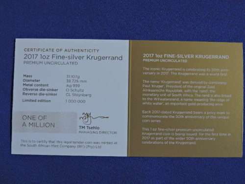2017 1 oz Silver Krugerrand  Launch edition with 50th Annev mark, encapsulated with Certificate.