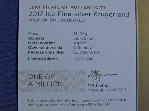 2017 1 oz Silver Krugerrand  Launch edition with 50th Annev mark, encapsulated with Certificate.