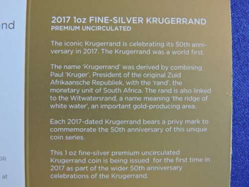 2017 1 oz Silver Krugerrand  Launch edition with 50th Annev mark, encapsulated with Certificate.
