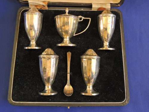 Hallmarked Sterling Silver Boxed 6 Piece Cruet Set BIRMINGHAM 1935